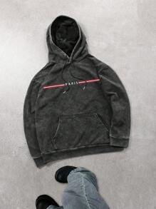 Men's Casual "Paris" Print Washed Drawstring Hoodie Sweatshirt, Autumn - Black - View 1