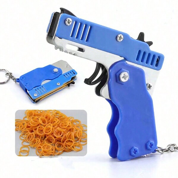 1 pieza Pistola de bandas elásticas plegable de aleación, juguete de arma de bala elástica de tiro repetitivo, modelo de llavero regalo para cumpleaños, Navidad y vacaciones