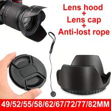 Tulip Flower Lens Hood Set+ Lens Cap + Anti-Lost Rope For Canon, Nikon, Cameras - 49MM/52MM/55MM/58MM/62MM/67MM/72MM/77MM/82MM Compatible - Protective Lens Cap