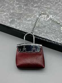 1pc New Creative Mini Wax Leather Pouch Keychain, Delicate Metal Chain Decor Burgundy Red Cute Mini Pouch Accessory, Portable Small Clown Bag, Gift For Best Friend