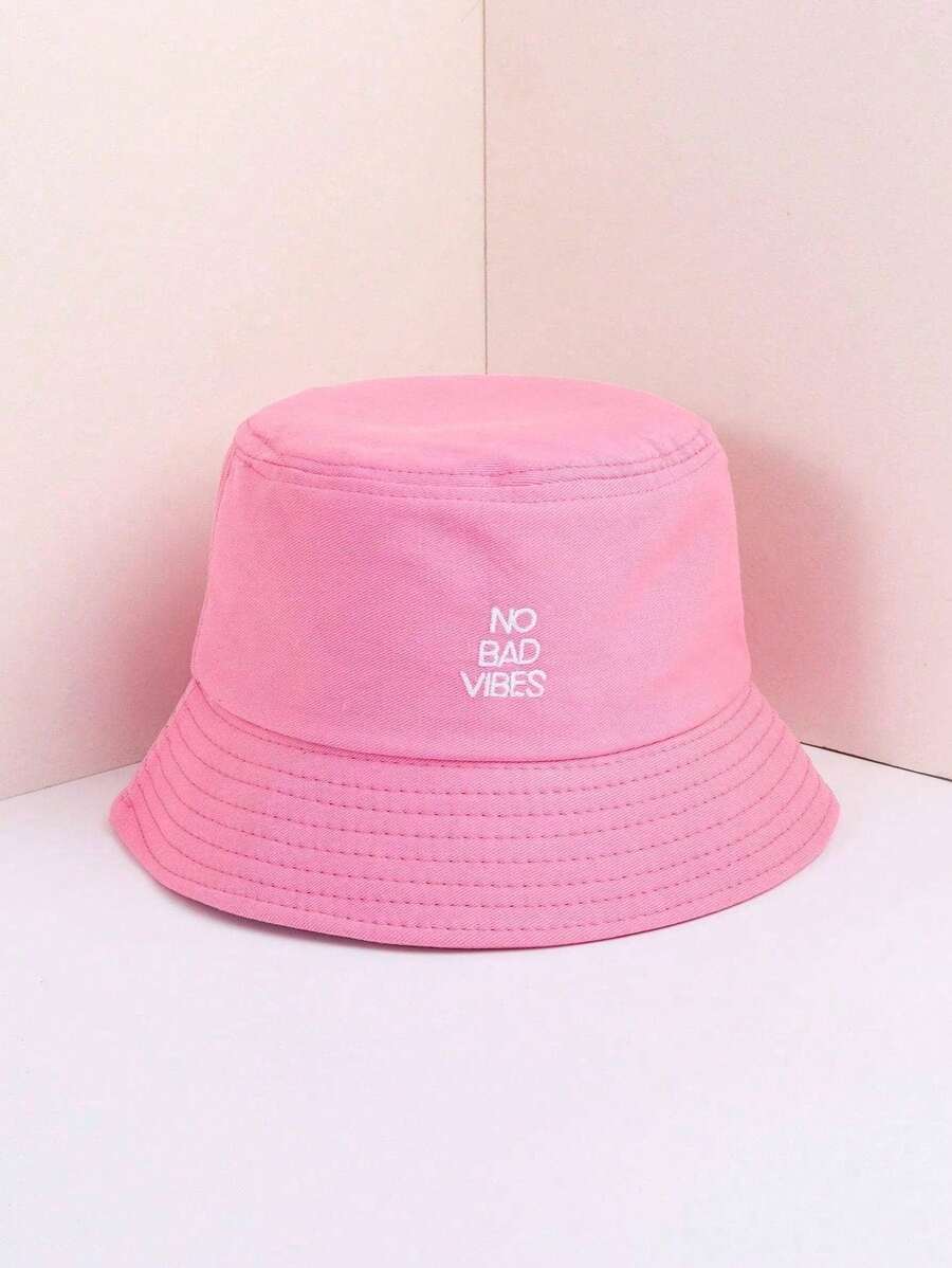 1pc Unisex Embroidered "NO BAD VIBES" Letter Sun Protection Breathable Versatile Bucket Hat, Suitable For Outdoor Leisure Wear - Rose Pink - View 1