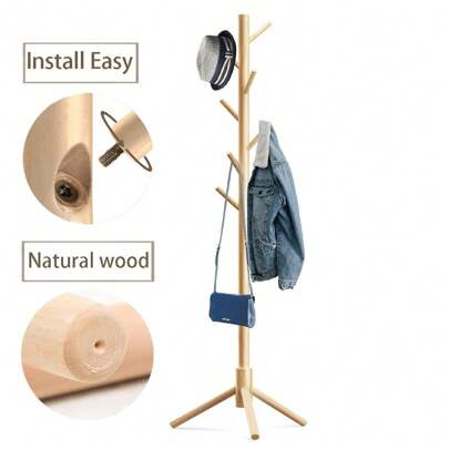 Natural Wooden Coat Rack Stand,Sturdy Freestanding Coat Rack With 8 Hooks,3 Adjustable Height For Child Adult,Wood Coat Stand Tree Fits Entryway Bedroom Office For Bags,Hats