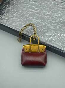 1pc New Creative Mini Wax Leather Pouch Keychain, Delicate Metal Chain Decor Burgundy Red Cute Mini Pouch Accessory, Portable Small Clown Bag, Gift For Best Friend