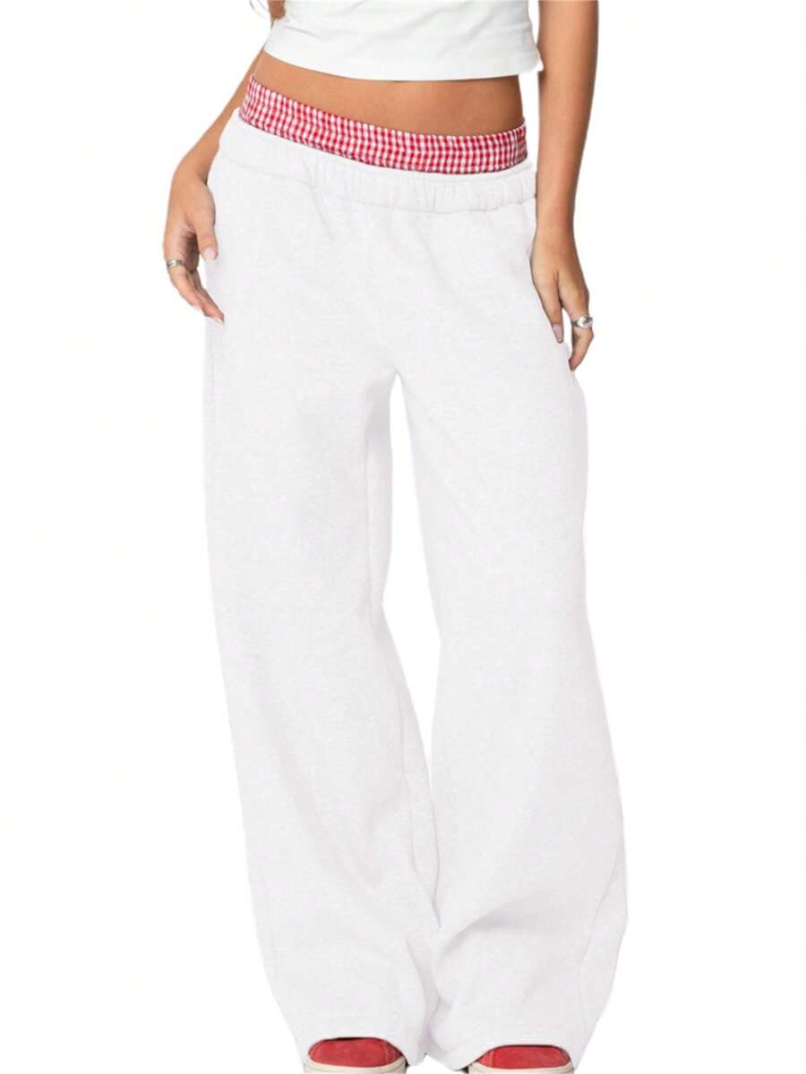 Women Y2k Wide Leg Baggy Sweatpants Elastic Waist Low Rise Joggers Plaid Patchwork Workout Running Going Out Pants With Pockets Casual Athletic Trousers For Sports Hip-Hop Track Pants Vintage Streetwear - 白色 - 查看 1