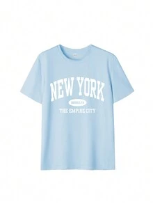 Women's Summer Letter Print Off-Shoulder Loose Casual T-Shirt, Daily Casual Fashion Versatile. Graphic Tee, Women's White Top, Black Top, Pink Top, Vacation Outfit - Baby Blue - View 3