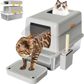 1 Juego de Caja de Arena para Gatos con Escobilla, Alfombrilla Antideslizante, Caja de Arena Extraíble y Fácil de Limpiar de Acero Inoxidable