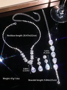 3pcs Silver Bridal Crystal Necklace, Earrings & Bracelet Set, Rhinestone Pendant Necklace, Sphere Jewelry Set For Wedding - Silver - View 5