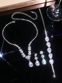 3pcs Silver Bridal Crystal Necklace, Earrings & Bracelet Set, Rhinestone Pendant Necklace, Sphere Jewelry Set For Wedding - Silver - View 4
