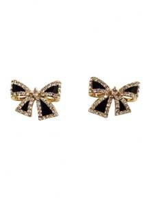 1 Pair 18K Gold Plated Stainless Steel Black Bow Adjustable Spring Hoop Earrings, Fashionable French Style Suitable For Party, Dating, Office Wear - Bow - View 4