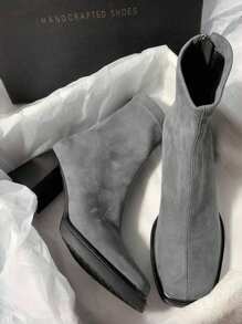 Chunky Heel Square Toe Elastic Short Boots, Suede Fabric, Sweet & Commuting Style For Women - Baby Blue - View 1