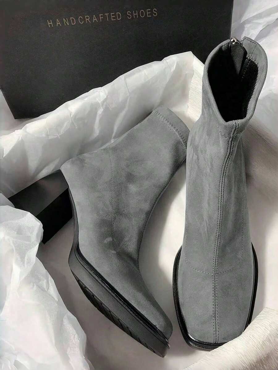 Chunky Heel Square Toe Elastic Short Boots, Suede Fabric, Sweet & Commuting Style For Women - Baby Blue - View 1