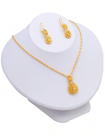 22K 镀金简约首饰套装，Arabia 时尚新娘耳环和项链，女性晚会装饰，奢华珠宝