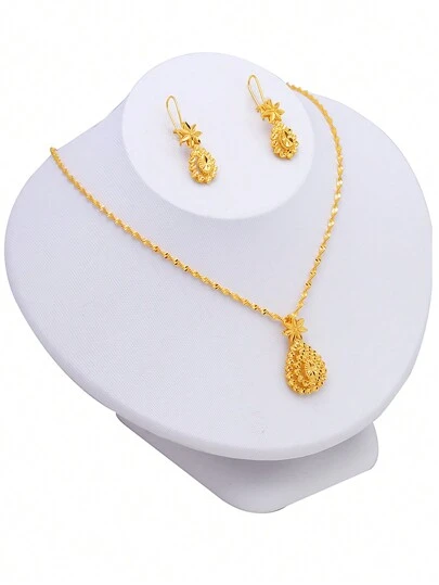 22K 镀金简约首饰套装，Arabia 时尚新娘耳环和项链，女性晚会装饰，奢华珠宝