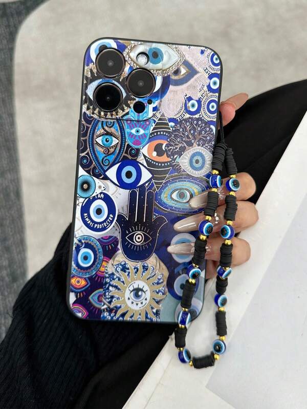 1pc Thick Shockproof Colorful Painted Evil Eye Decorative Beaded Mobile Phone Case Compatible With IPhone 16/16Pro/16Plus/16ProMax, IPhone 15 ProMax, Apple P13/P14, A50 A12 A32 A52 A72 A51 A21S A13 A14 S22 Ultra S23 A33 A53 S20 FE, Redmi 11 Youth 12 Pro 12/12X Note 11 9A 9C Poco X3 NFC Redmi 10 Redmi 9 Note 9 12C Note 11 Pro Redmi 10C Note 8 Pro