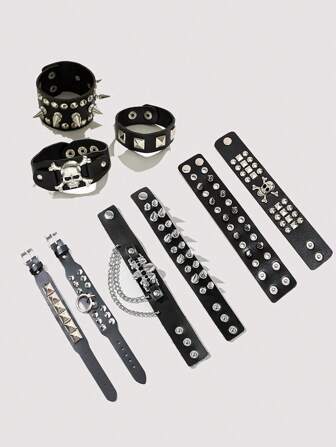 9pcs Punk Style Rivet Skull PU Leather Bracelet, Exaggerated Gothic Rock Rivet Unisex Bracelet, Versatile For Festival, Couple, Student, Vintage Fashion Daily Wear