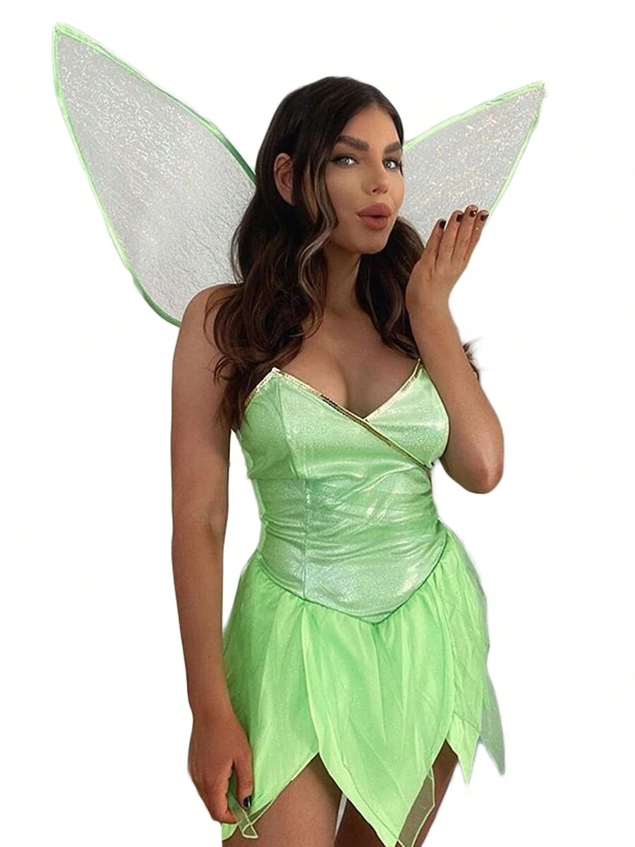 Ladies Halloween Forest Fairy Costume Sexy Solid Color Sequin Tube Tops Short Dress with Wings - Verde - Ver 1
