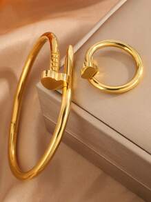 2 piezas combinación de brazalete y anillo clásicos de acero inoxidable con diseño de corazón/flor, de estilo sencillo y moderno, look atemporal, adecuado para todos tus estilos