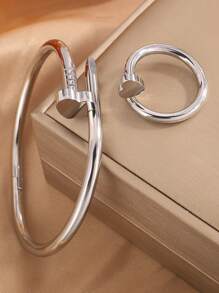 2 piezas combinación de brazalete y anillo clásicos de acero inoxidable con diseño de corazón/flor, de estilo sencillo y moderno, look atemporal, adecuado para todos tus estilos