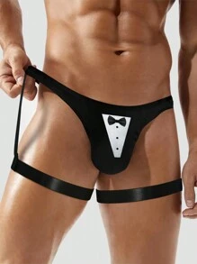 Men's Sexy Black Simple Bow Print Design Leg Garter Thong Underwear - Black - View 8
