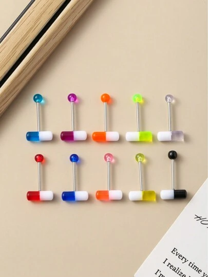 10 piezas de anillos para la lengua de cápsula acrílica de doble color, barra de acero inoxidable, joyería hipoalergénica para perforación corporal en la lengua, adecuada para uso diario de mujeres, eventos y festivales