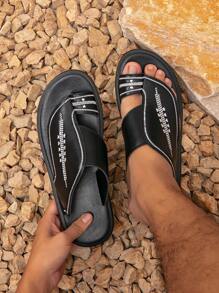 Men's Arabic Style Comfortable Slippers, Middle East Formal Flip Flops, Beach Sandals - Black - View 1