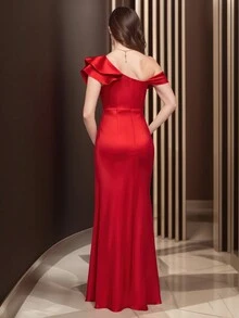 Asymmetric High Slit Dress With Elegant Ruffle Hem, Suitable For Party, Banquet, Cocktail, Vacation - Burgundy - View 3