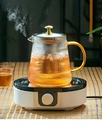 1pc Vertical Striped Glass Teapot With Stainless Steel Infuser, Suitable For Induction Cooktop, Gas Stove, And Open Flame Back To School
