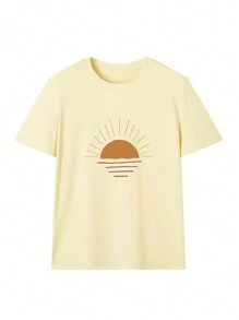 Camiseta de manga corta de cuello redondo casual con estampado de sol, simple y versátil. Nueva moda de verano cómoda. Camiseta gráfica para mujer en blanco y negro - Amarillo - Ver 3