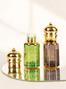 Bouteille de rouleau d'huile essentielle en verre octogonal de style arabe de luxe approuvée par la TSA, de 6 ml, avec un capuchon en couronne doré, un motif géométrique islamique doré et une boule de rouleau en acier inoxydable lisse. Livré avec un outil de remplissage 3-en-1 (entonnoir + compte-gouttes + ouvre-huile) - Multicolore - Voir 4