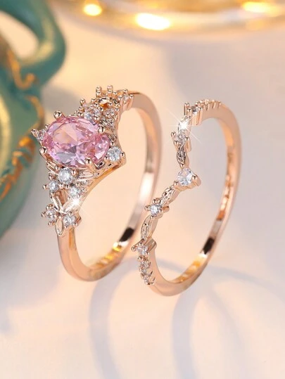 2pcs Elegant Oval Pink Cubic Zirconia Rose Gold Plated Women's Ring Set, Luxury For Wedding, Party, Daily Wear, Shiny Accessory