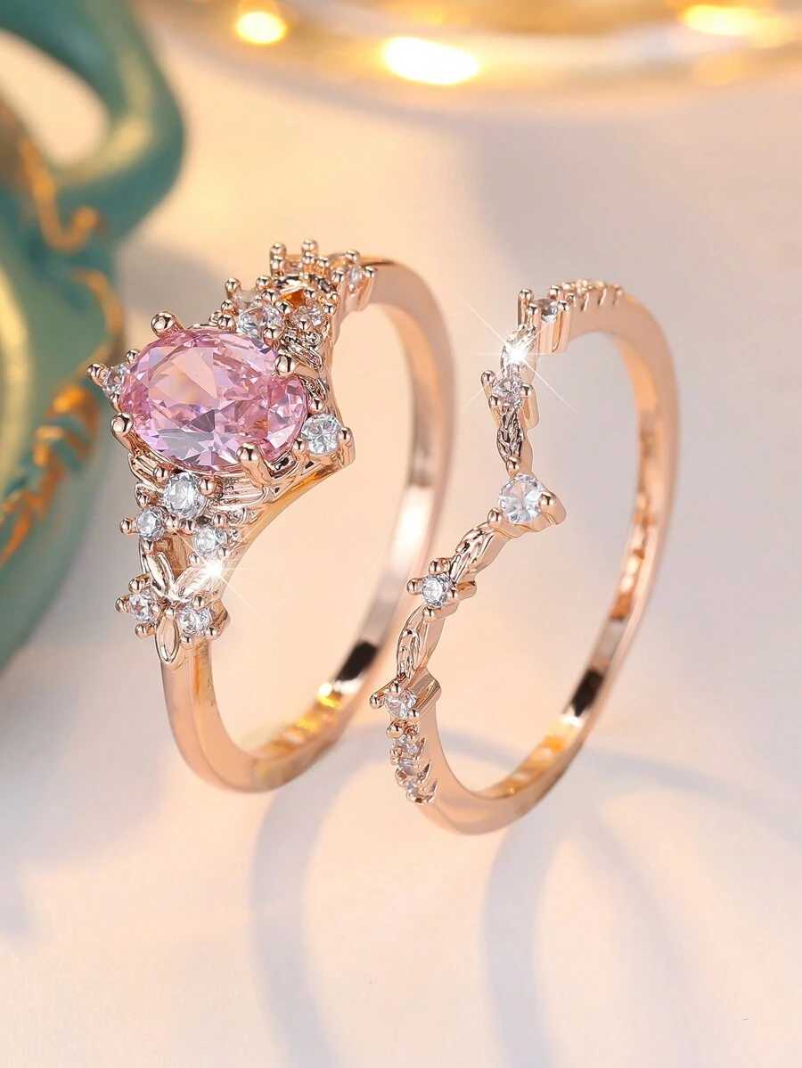 Bộ 2 chiếc nhẫn nữ mạ vàng hồng Cubic Zirconia hình bầu dục thanh lịch, sang trọng cho đám cưới, tiệc tùng, đeo hàng ngày, phụ kiện sáng bóng - Hồng - Xem 1