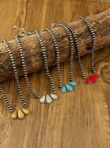 1pc Simple Women's Beaded Necklace In Bohemian Turquoise And Navajo Pearl Styles, Featuring A Vintage Western Style Droplet Shaped Pendant Necklace. It Is A Fashionable Jewelry For Women, Suitable For Daily Wear Or Holiday Gift Giving - N-77 - View 2