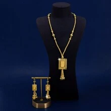 Bộ trang sức cổ điển sang trọng thời trang cao cấp Mgyi bằng đồng màu vàng dành cho nữ, dây chuyền thiết kế vuông sang trọng thanh lịch mạ vàng 18K, hoa tai cho nữ, phù hợp với Nigeria, Dubai, Trung Đông, Ả Rập Saudi, đám cưới cô dâu, trang phục hàng ngày, quà kỷ niệm ngày cưới, quà tặng Halloween cho bạn bè - Vàng - Xem 7