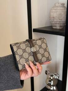 Ví ngắn gấp ba có khóa bấm cho nữ có nhiều ngăn đựng thẻ, họa tiết răng sói cổ điển, bảo vệ chống trộm RFID, ví ngắn thời trang cổ điển - màu nâu - Xem 3