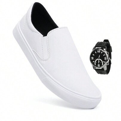 Sapatênis Slip On Iate Masculino Tênis Casual Sem Cadarço Calce Fácil Leve Confortável + Relógio