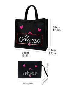 2pcs Personalized Name Heart Pattern Tote Bag And Cosmetic Bag Set, Women's Linen Large Capacity Tote Bag, Shopping Bag, Portable Casual Storage Tote Bag, Suitable For Daily Travel, Beach Vacation, Large Capacity Shopping Bag, Women's Tote Bag, Portable, Multifunctional, Versatile, Large Capacity, Lightweight, Practical, Multipurpose, Colorful, Cute, Adorable, Kawaii, Y2K Style, Vacation/Casual, Commuting - Black - View 8