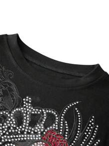 Womenacute;S Slim Gothic Tops Retro Rhinestone Cross  Wing Print Cap Sleeve Round-Neck Grunge T-Shirts For Summer Spring - Black - View 3