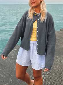 Women's Solid Color Knit Cardigan Fuzzy Long Sleeve Button-Front Closure Sweaters - Grey - View 4