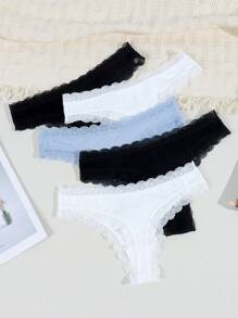 Set de 5 piezas de bragas de encaje sexy, con entrepierna de malla transpirable y ligera tipo tanga para mujeres