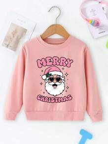 Young Girls Minimalist Letter & Cute Santa Claus Graphic Thermal Lined Crew Neck Sweatshirt, Autumn/Winter - Pink - View 1