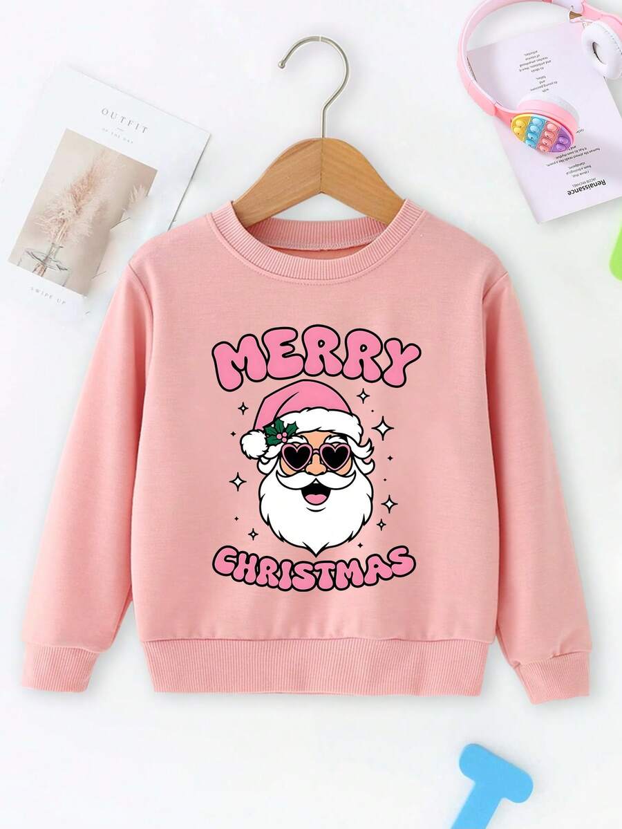Young Girls Minimalist Letter & Cute Santa Claus Graphic Thermal Lined Crew Neck Sweatshirt, Autumn/Winter - Pink - View 1