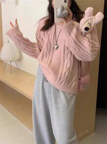 新款女式休闲粉色针织开衫，宽松设计小众时尚风格