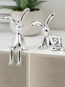 2pcs Gold And Silver Squatting Rabbit Statue ABS Electroplated Reflective Material With Adhesive Base, Used For Home Living Room, Dining Room, Bedroom, Hall, Kitchen, Bathroom, Cabinet, Bookshelf, Desktop Decoration, Office, Car Decoration, Can Also Be Used For Adhesive Tissue Boxes, Alarms, Refrigerators, Mirrors, Boxes And Other Household Items, Birthdays, Celebrations, Christmas, Holiday Decoration
