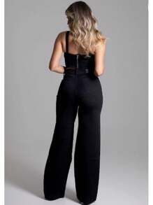Women's Wide Leg High Waist Jeans In Graphite Fabric - Negro - Ver 3