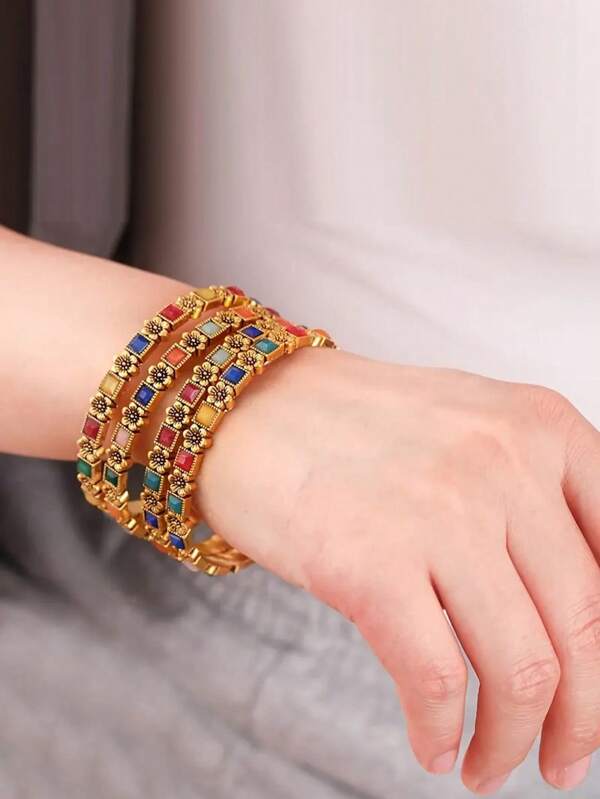 1pc Pulseira de resina colorida incrustada, clima de férias boêmio, cores vibrantes, adequada para festivais, férias, festas, uso diário feminino