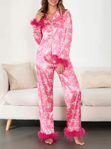 Women Christmas Pajamas Lounge Set Santa/Christmas Tree/Boots Print Shirts Tops And Pants 2 Piece Loungewear Outfits