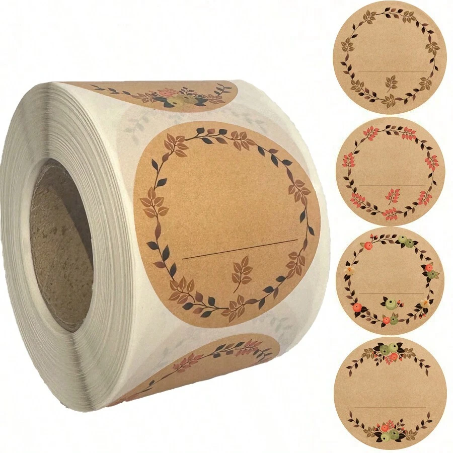 每卷 500 张 2 英寸/5 厘米牛皮纸贴纸、圆形花环图案贴纸、罐头标签、食品储藏标签、礼品袋密封贴纸 - 卡其圓形花紋標籤 - 查看 1
