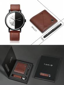 TOMI TOMI Men's Quartz Watch Set, Hollow Design See-Through Dial Casual Minimalist Watch, Includes Wallet And Pen Case, Holiday Gift For Family And Loved Ones, Christmas,