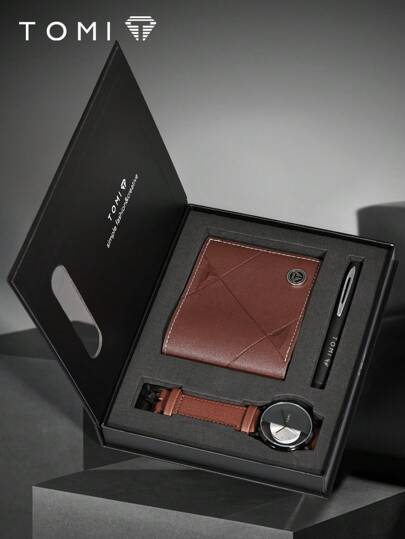 TOMI Reloj de cuarzo para hombres TOMI, diseño hueco con esfera transparente, reloj casual minimalista, incluye billetera y estuche para bolígrafo, regalo ideal para familiares y seres queridos en Navidad