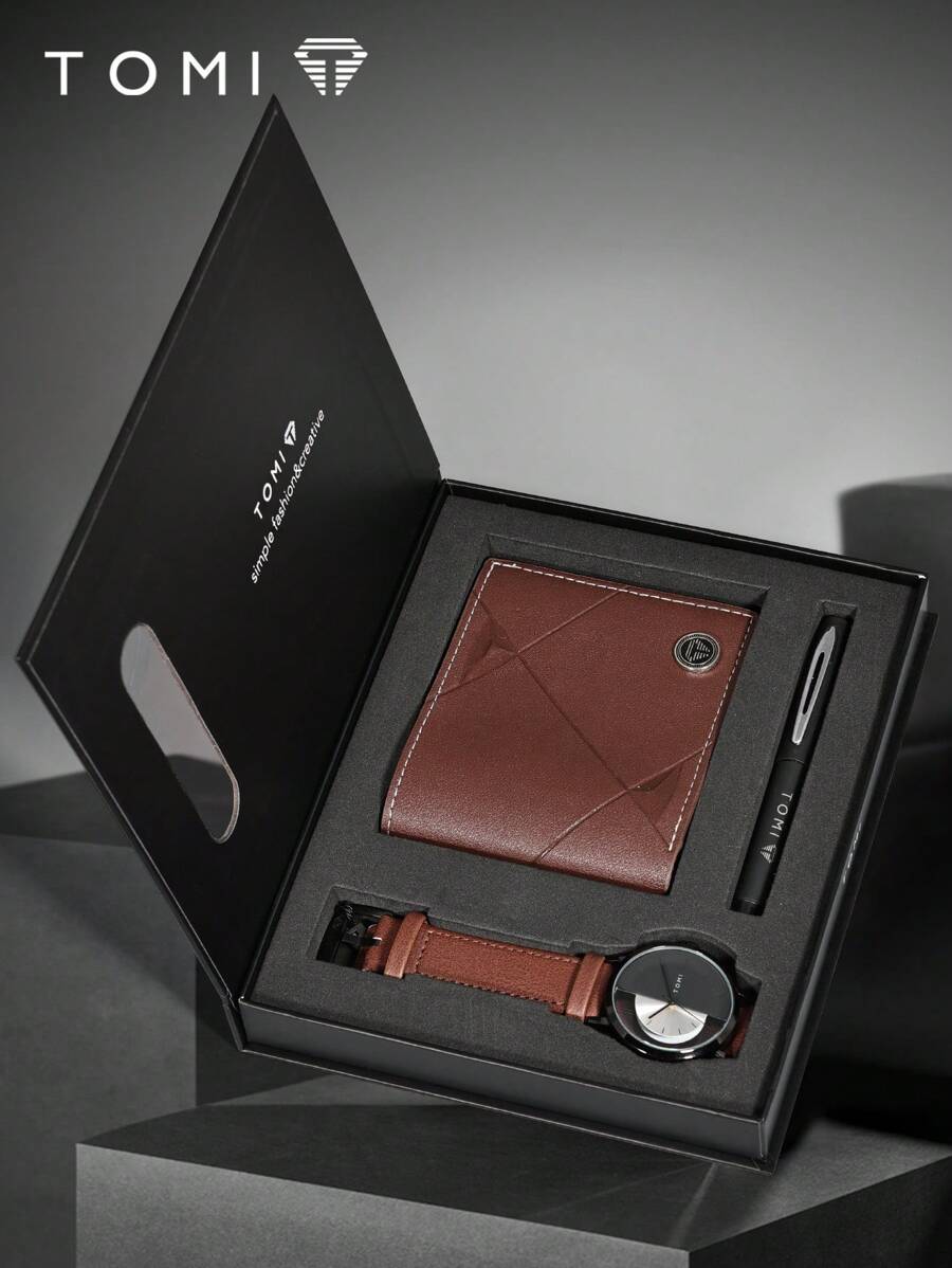 TOMI TOMI Men's Quartz Watch Set, Hollow Design See-Through Dial Casual Minimalist Watch, Includes Wallet And Pen Case, Holiday Gift For Family And Loved Ones, Christmas,
